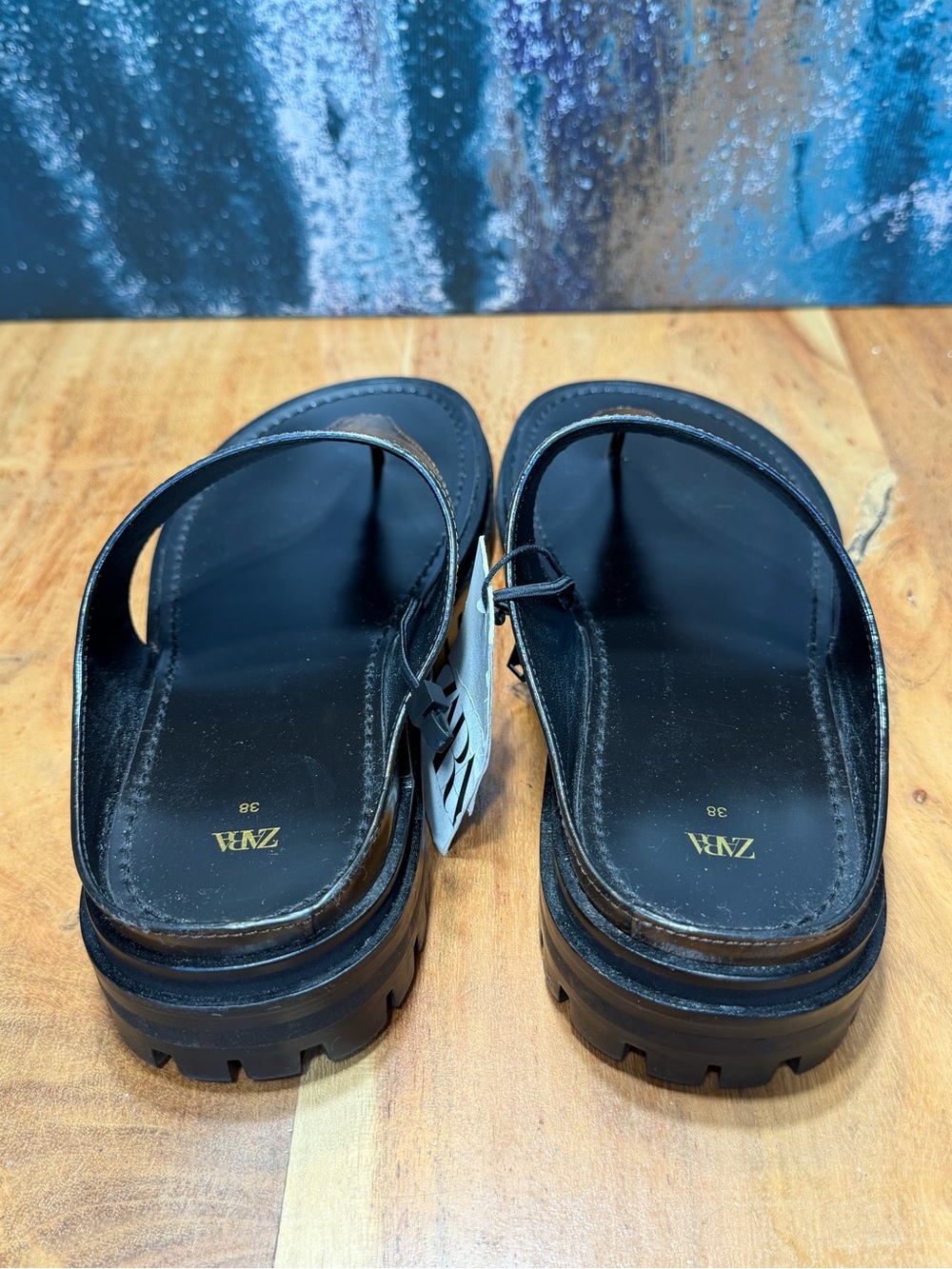 Zara Deadstock Leather‎ Track Sole Thong Slide Sandals Brown NWT Size 7.5 - Picture 6 of 10